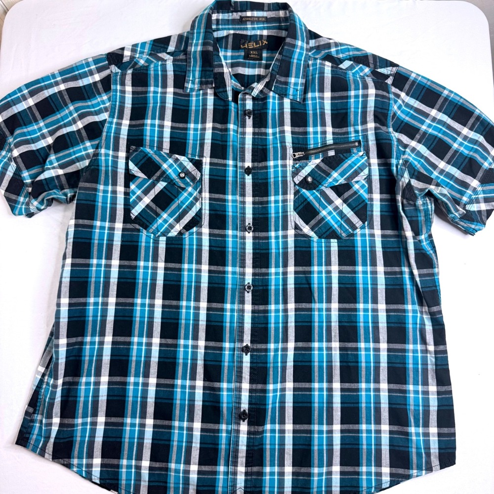 Helix Mens XXL Blue Black Plaid Short Sleeve Button Down Shirt Athletic Fit